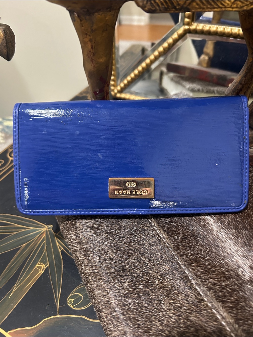Cole Haan Patent Leather Flap Wallet in Royal Blue with Gold Plaque